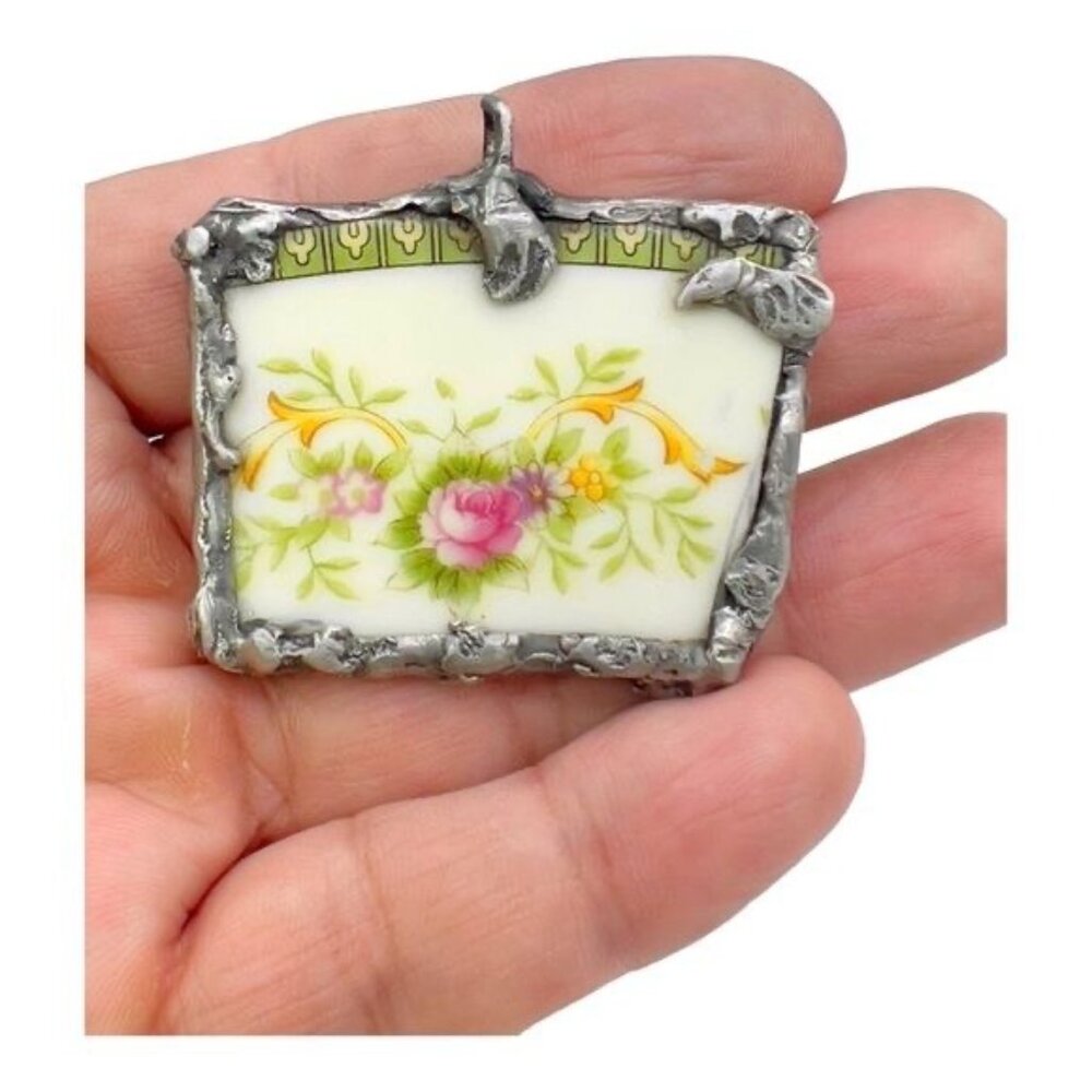 Upcycled Porcelain Necklace With Floral Design & Silver Blend Metalwork Frame - Picture 6 of 11